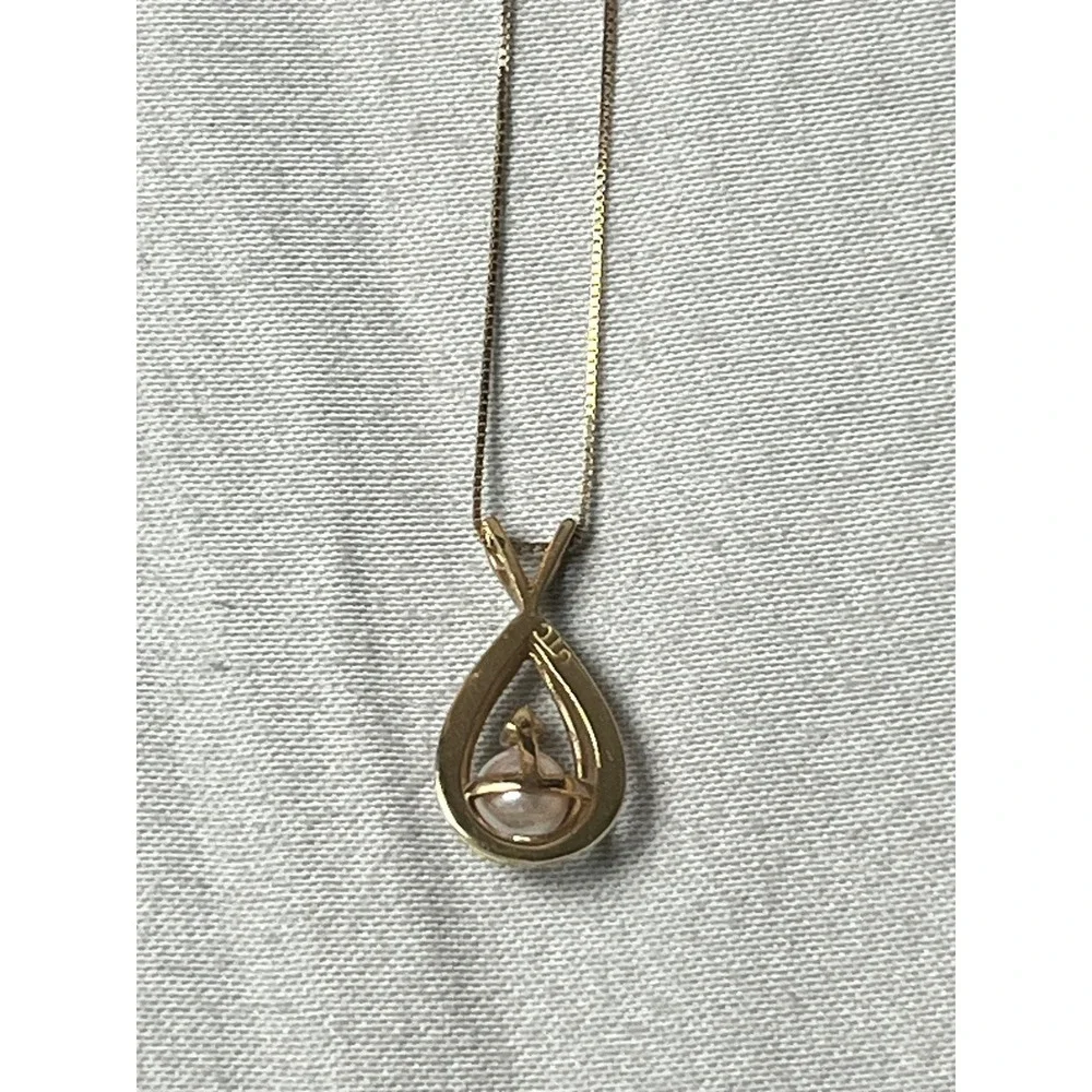 14KT Yellow Gold Pearl Diamond Teardrop Pendant Box‎ Chain Necklace Italy 2.7g